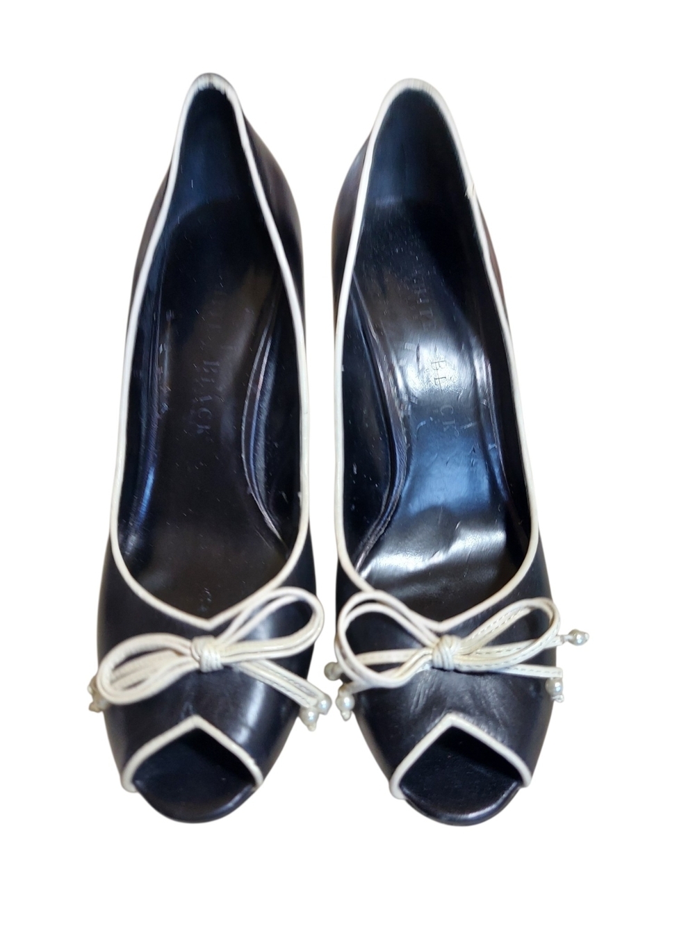 WHBM Black Cream Peep-Toe Tuxedo Pumps with Cream Pearl Bow Trim - Picture 9 of 10
